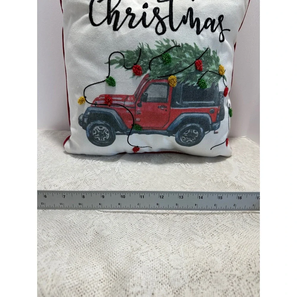 Merry Christmas Truck Tree Holiday Square Throw‎ Pillow Red Burgundy Trim